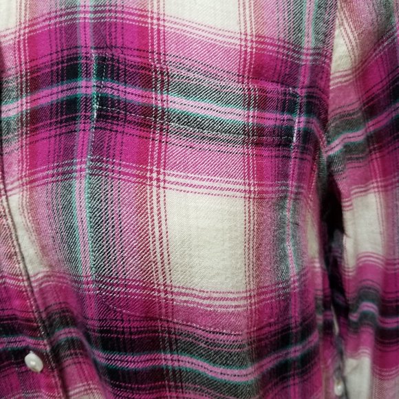 Lucky Brand top Medium plaid check flannel button up patch pocket long sleeve - Picture 8 of 15